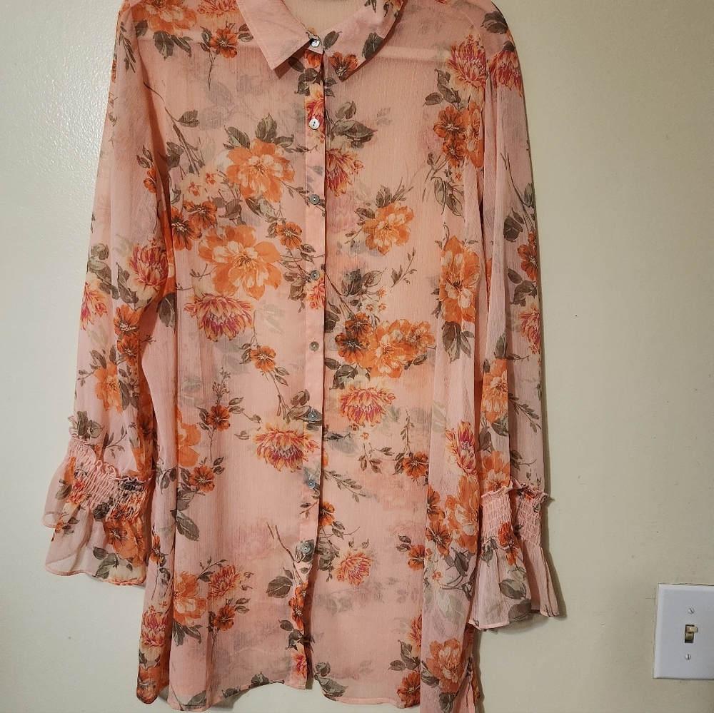 Susan Graver Pink Orange Floral Button Shirt Tunic Sheer XL  Smocked Sleeve